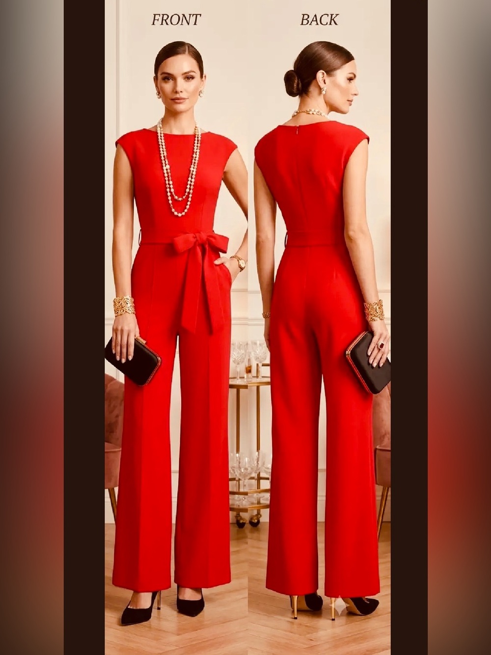 Elegant Red Wide-Leg Jumpsuit with Belt. New York & Company. Size 10 - Picture 2 of 14